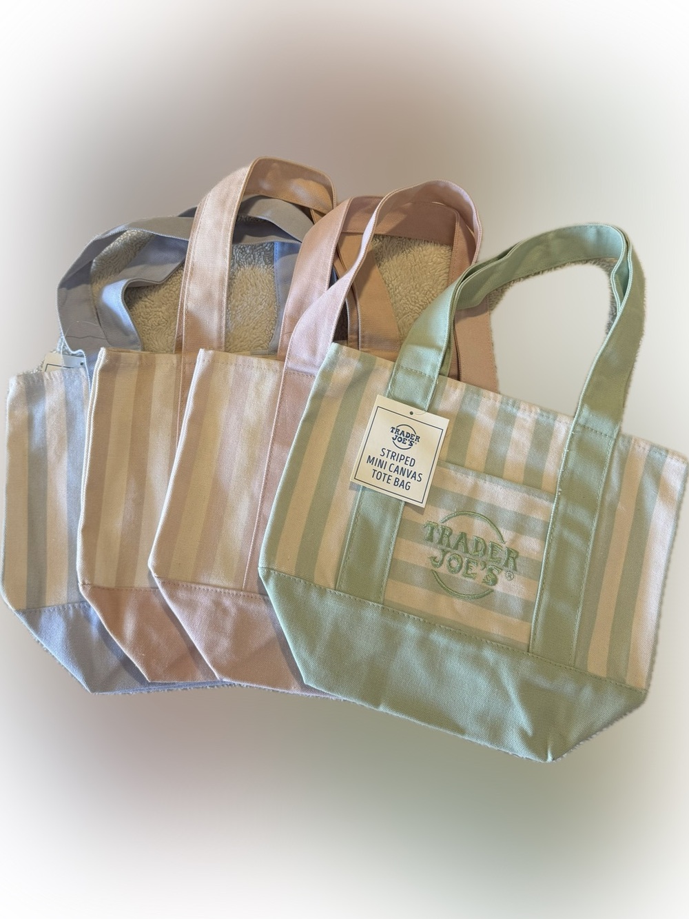 All 4 Summer Trader Joe's Striped Mini Canvas Tote Bags-Green, Pink, Blue, Khaki